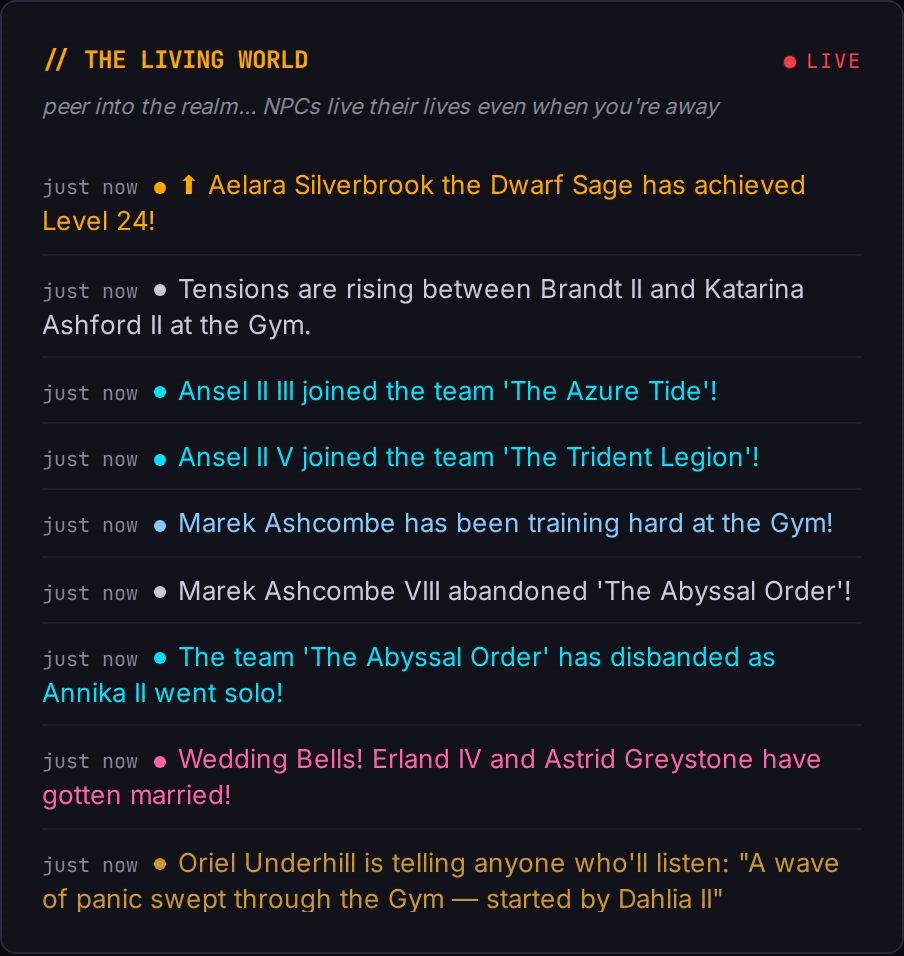 The Living World feed: NPCs levelling up, joining teams and getting married while players are away